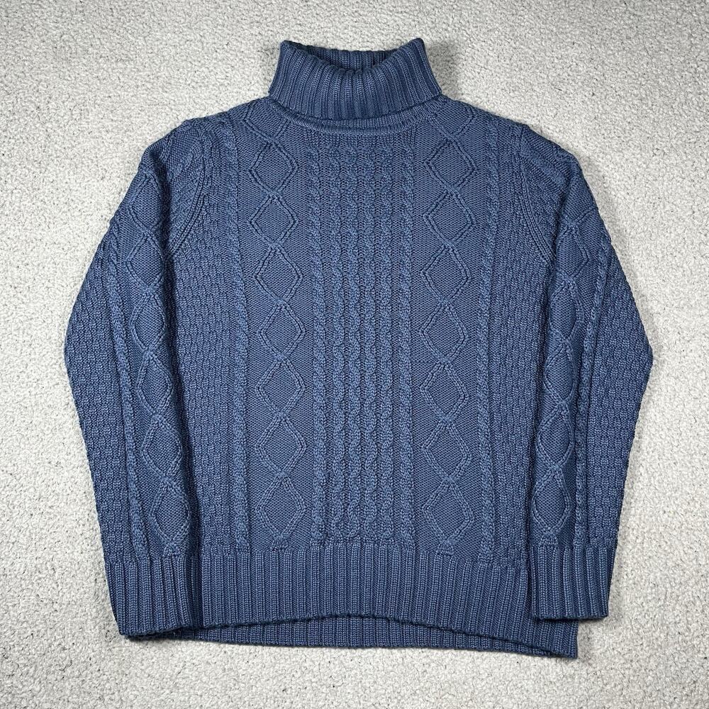 LL Bean Fisherman Sweater Womens XL Blue Turtleneck Wool Blend Cable Knit